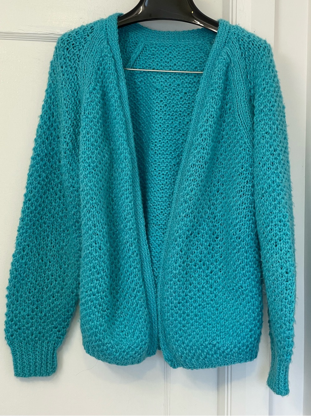VINTAGE Turquoise Open-Front Women's Hand-Knit Cardigan Sweater